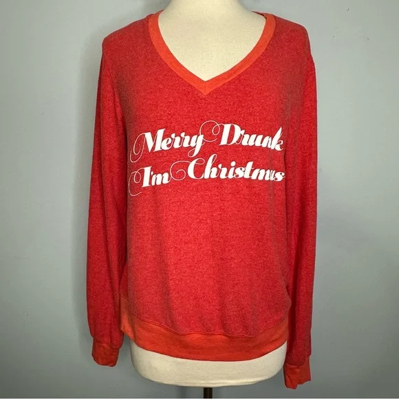 Wildfox Red V-Neck Pullover “Merry Drunk I’m Christmas” Sweatshirt Size S - Picture 1 of 10